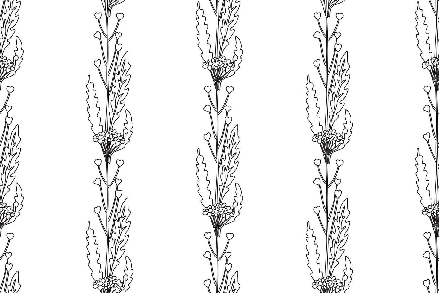 Line art botanical abstract seamless plant pattern with wildflowers illustration. Black and white outline repeating floral background. Graphic design for Wallpaper Textile Cover Birthday Card Print vector