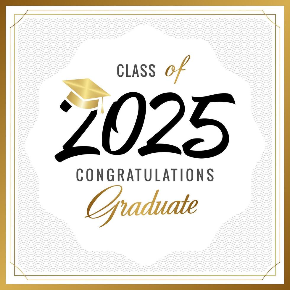 Class of 2025 awards, graphic template. Greeting card, invitation concept. Vintage square frame, waving lines texture, golden design. vector