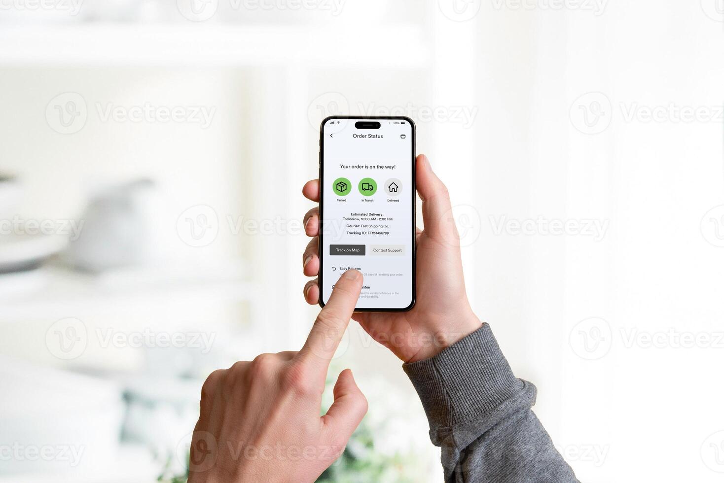 Smartphone screen shows a delivery tracking app with features like 'Order Status,' 'Packed,' 'In Transit,' 'Delivered,' and options to 'Track on Map' or 'Easy Returns photo