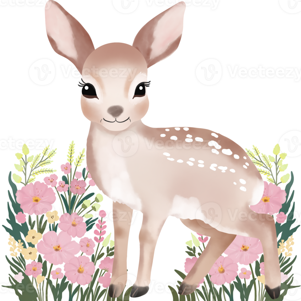 A cute watercolor illustration of a baby deer standing among blooming pink and yellow flowers. png