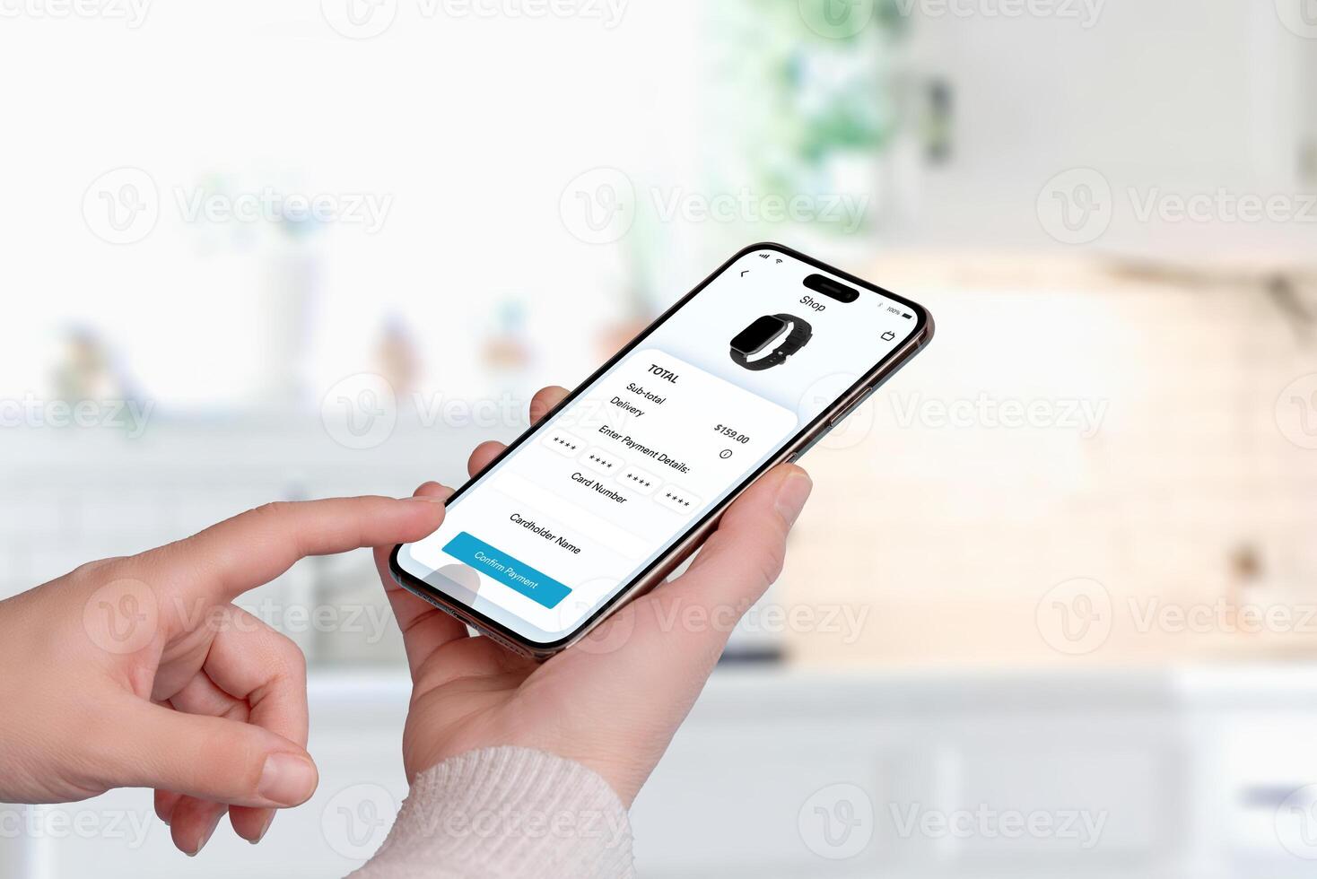 Smartphone screen displaying a purchase confirmation for a smartwatch. A hand taps 'Confirm Payment,' with credit card details and product image visible photo