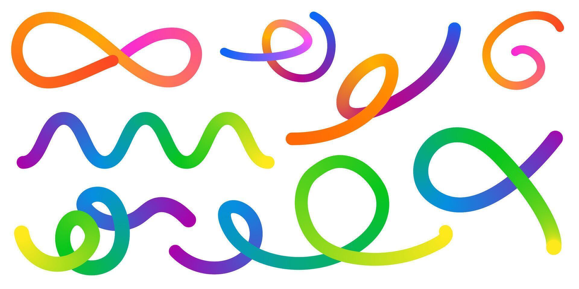 Abstract Color Rainbow Gradient Shapes Set. Graphic with Wavy Lines in Bright Colors. Colorful Fluid Wave Pattern. Squiggly Design Elements. vector
