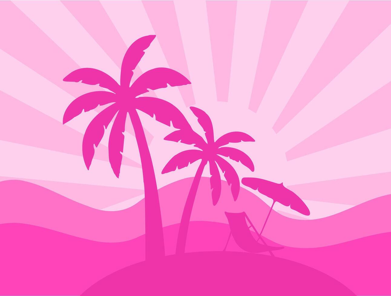 Tropical sunset background with pink palm trees, sun rays, rolling hills, and a beach chair under an umbrella, creating a relaxing summer vacation vibe vector
