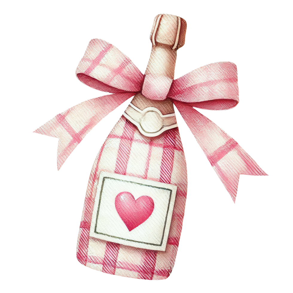 A pink and white checkered champagne bottle with a heart label, tied with a large decorative pink bow. png
