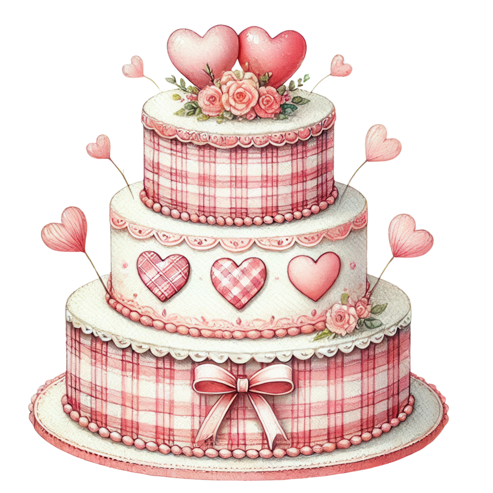 A three-tier pink and white checkered cake adorned with hearts, bows, and roses, perfect for weddings or Valentines Day. png