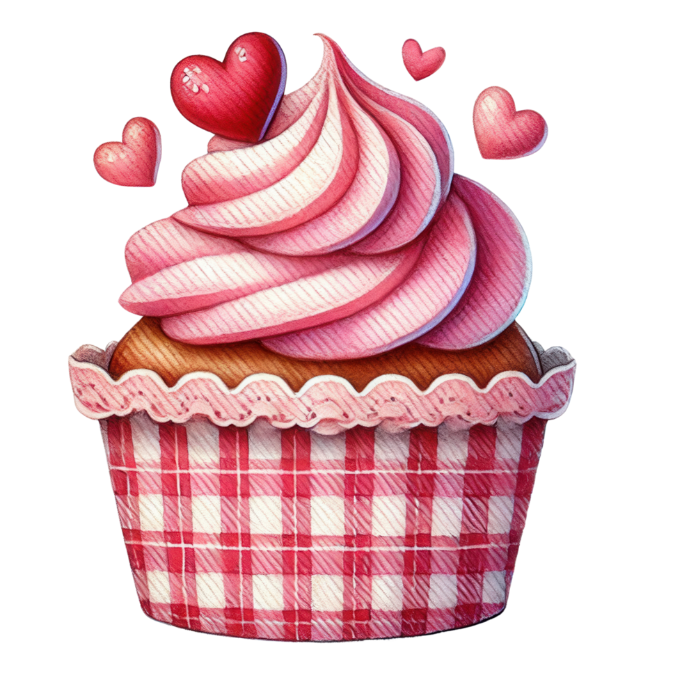 A delightful cupcake in a red and white checkered wrapper, topped with pink frosting and heart-shaped decorations. png