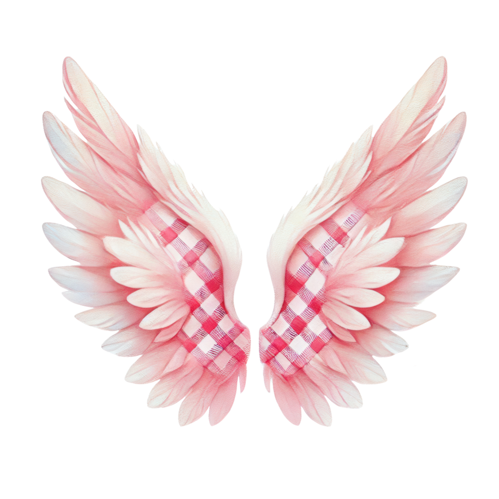 A pair of delicate pink angel wings featuring a red and white checkered pattern, perfect for romantic or fantasy designs. png