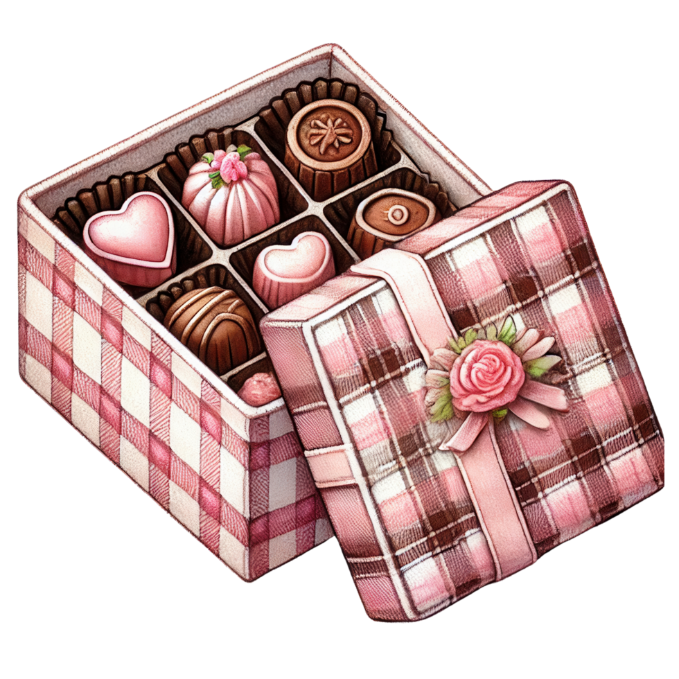 A pink and white checkered gift box filled with assorted chocolates, adorned with a floral ribbon, perfect for special occasions. png