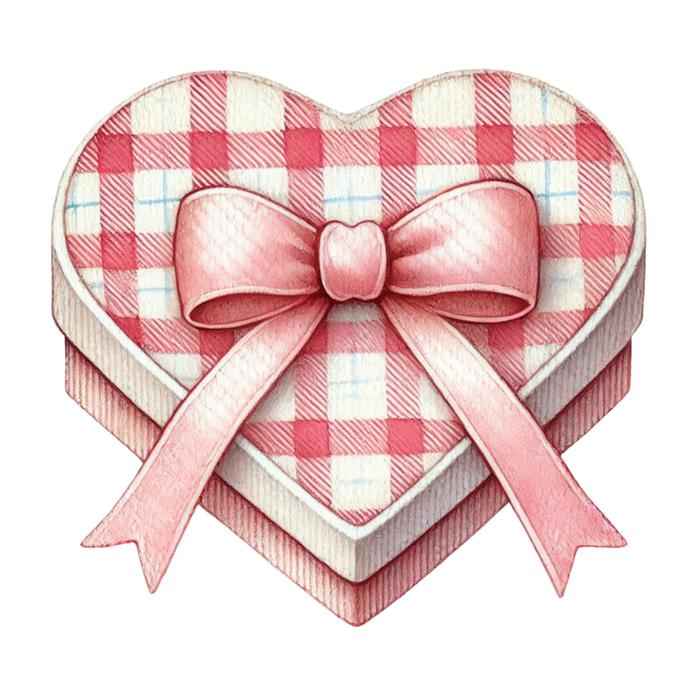 A heart-shaped gift box with a red and white checkered pattern, adorned with a pink bow, perfect for gifting. png
