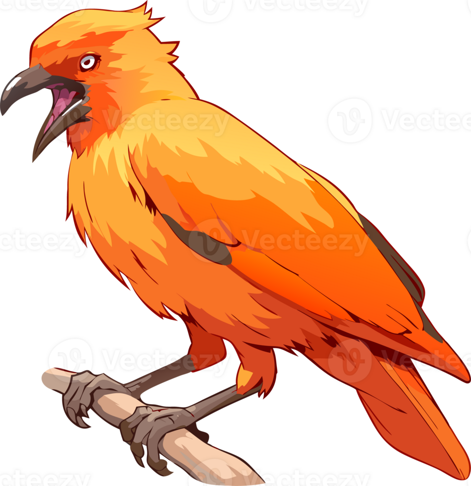 Vibrant Orange Bird Perched on Branch with Open Beak in Colorful Cartoon Style Illustration png