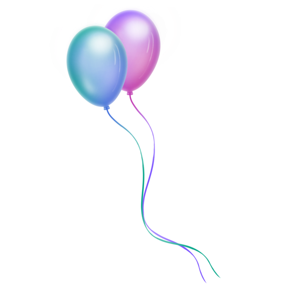 Two balloons on strings with pink, purple, green and blue colours, on a transparent background png