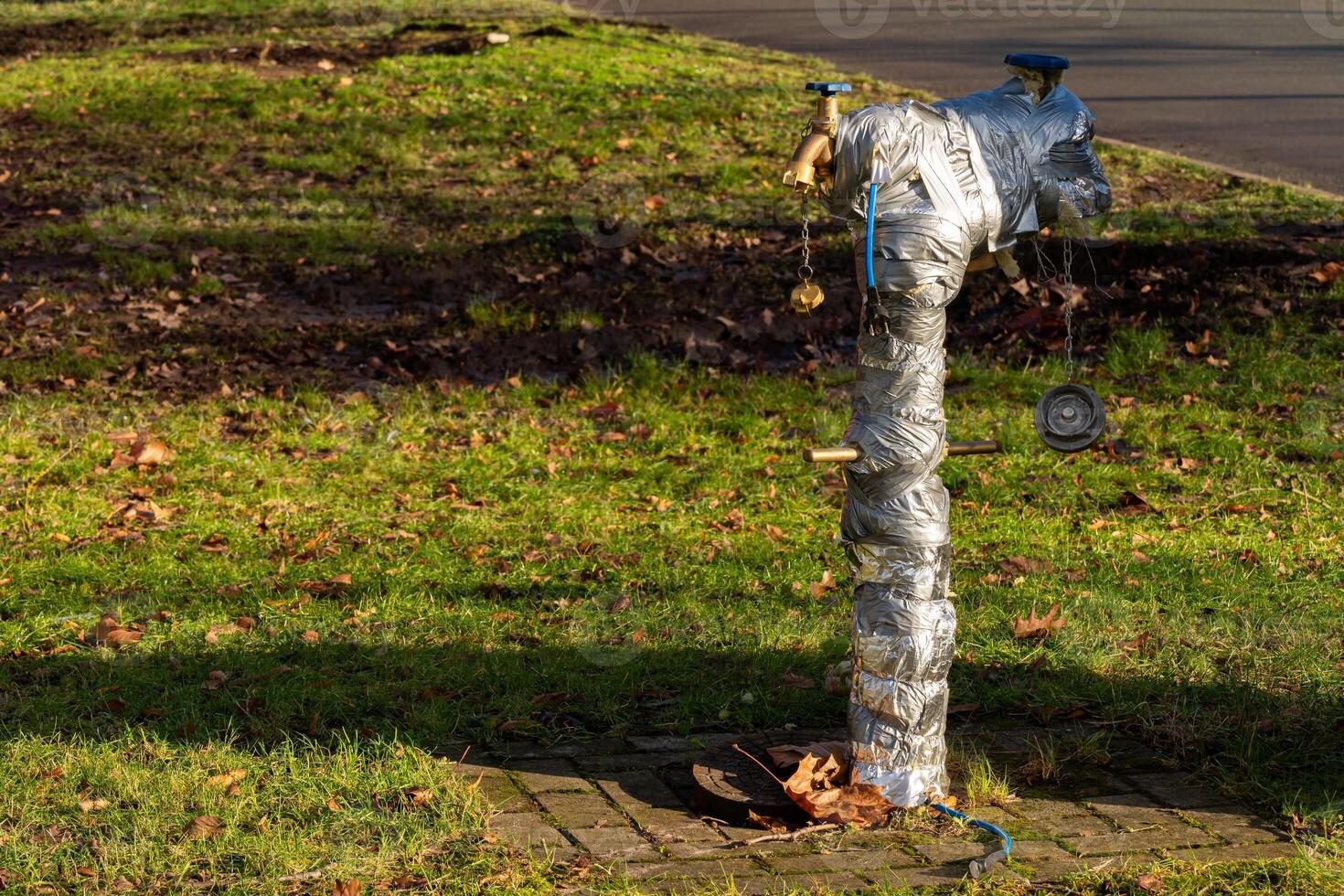 A fire hydrant wrapped in grey tape stands on a grassy area in a park photo