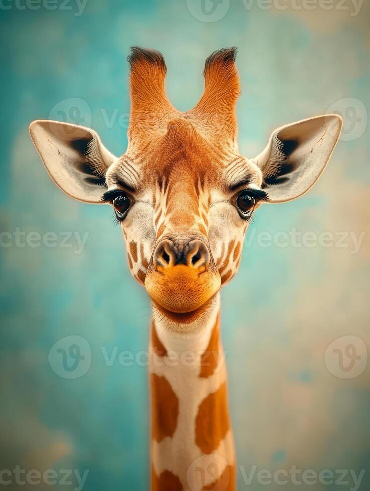 Close-up of a cheerful giraffe under a soft blue backdrop showcasing its unique features and charm photo