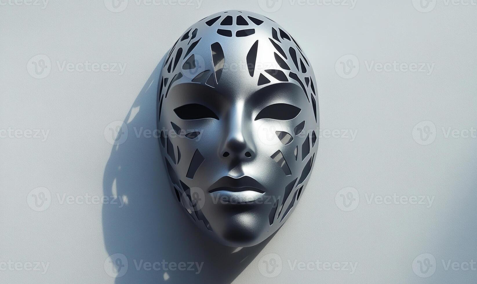 A silver mask with a face on it on gray wall photo
