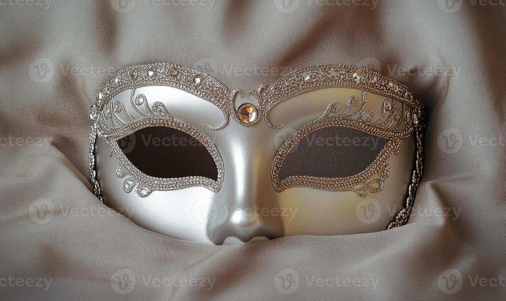 A silver mask is partially covered by a cloth photo