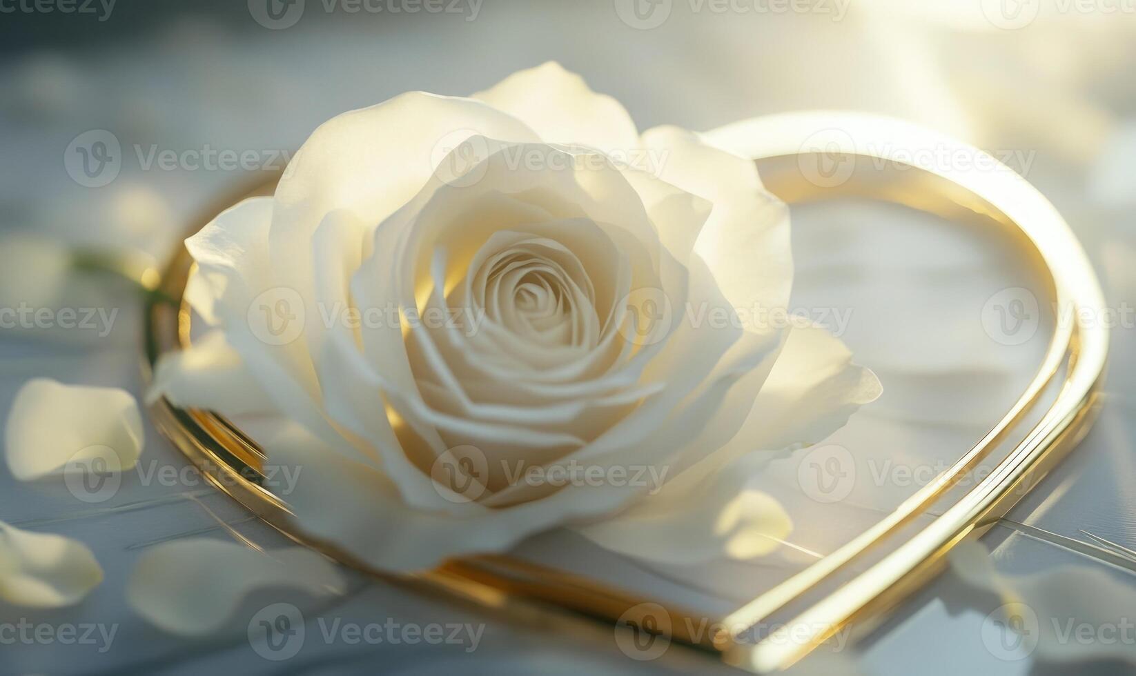 A white rose is on top of a gold heart photo
