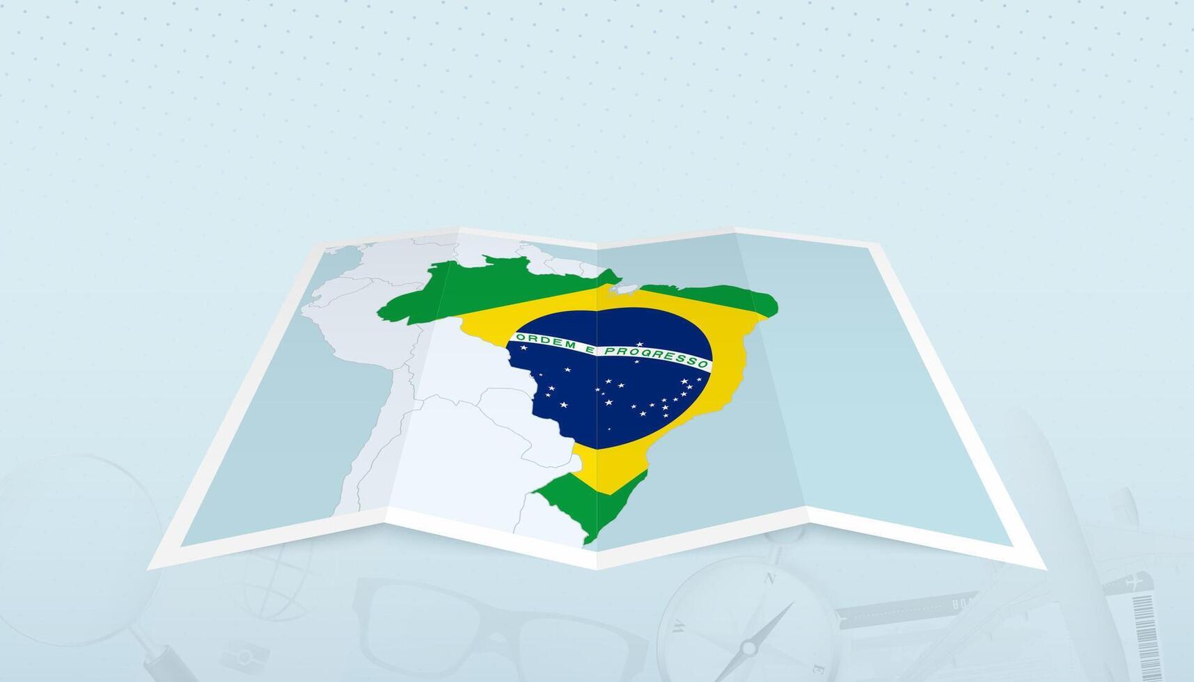 Map of Brazil with the flag of Brazil in the contour of the map on a trip abstract backdrop. vector