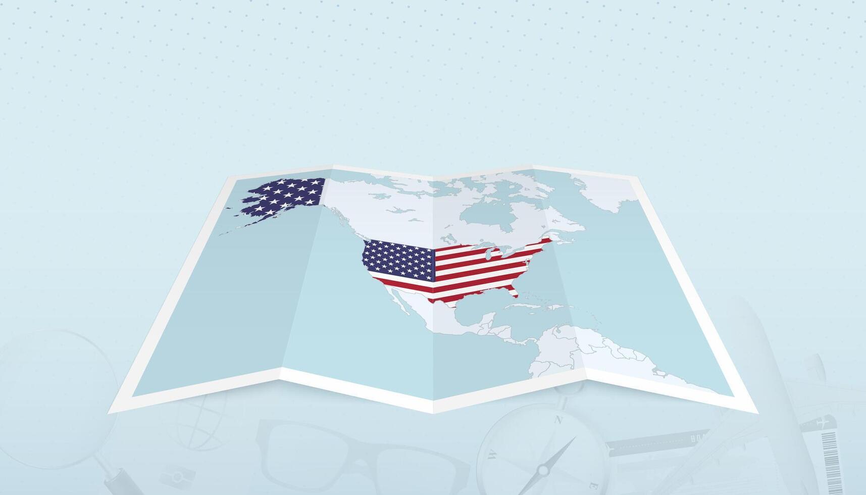 Map of USA with the flag of USA in the contour of the map on a trip abstract backdrop. vector