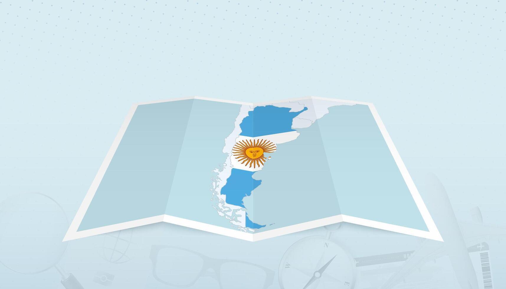 Map of Argentina with the flag of Argentina in the contour of the map on a trip abstract backdrop. vector