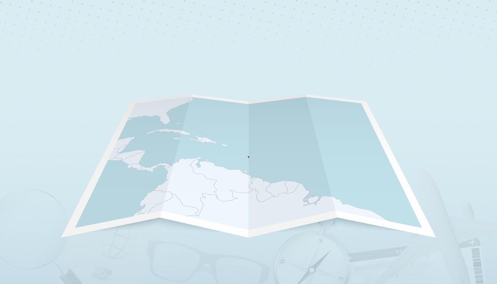 Map of Dominica with the flag of Dominica in the contour of the map on a trip abstract backdrop. vector