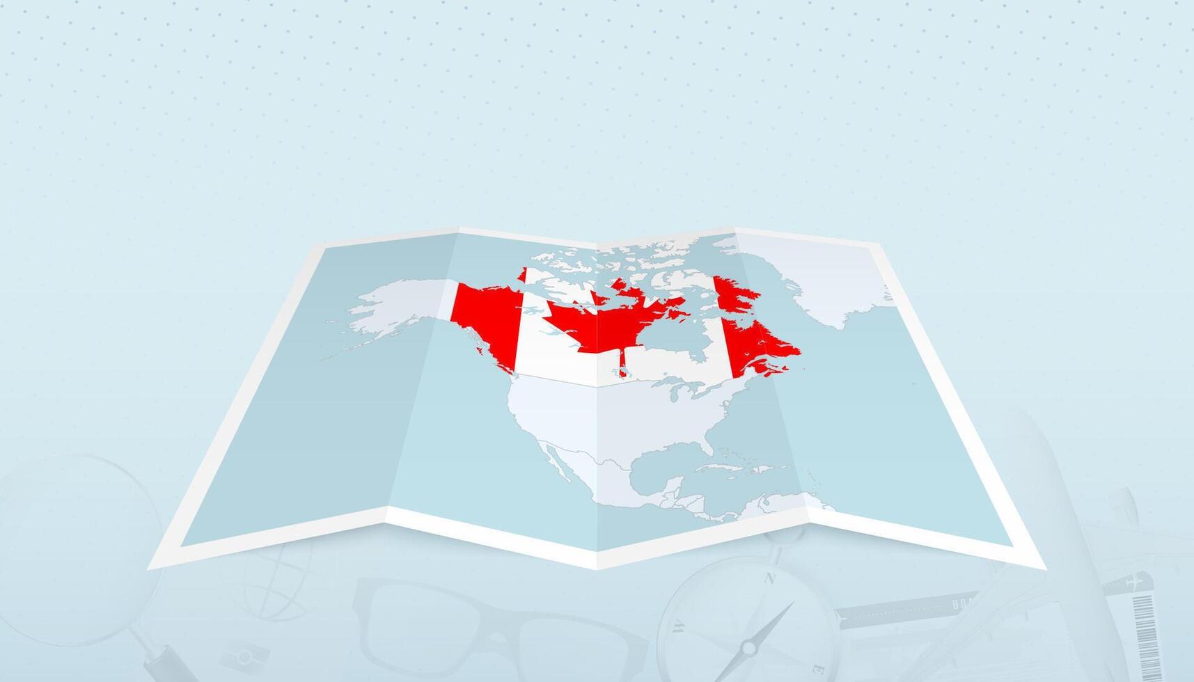 Map of Canada with the flag of Canada in the contour of the map on a trip abstract backdrop. vector