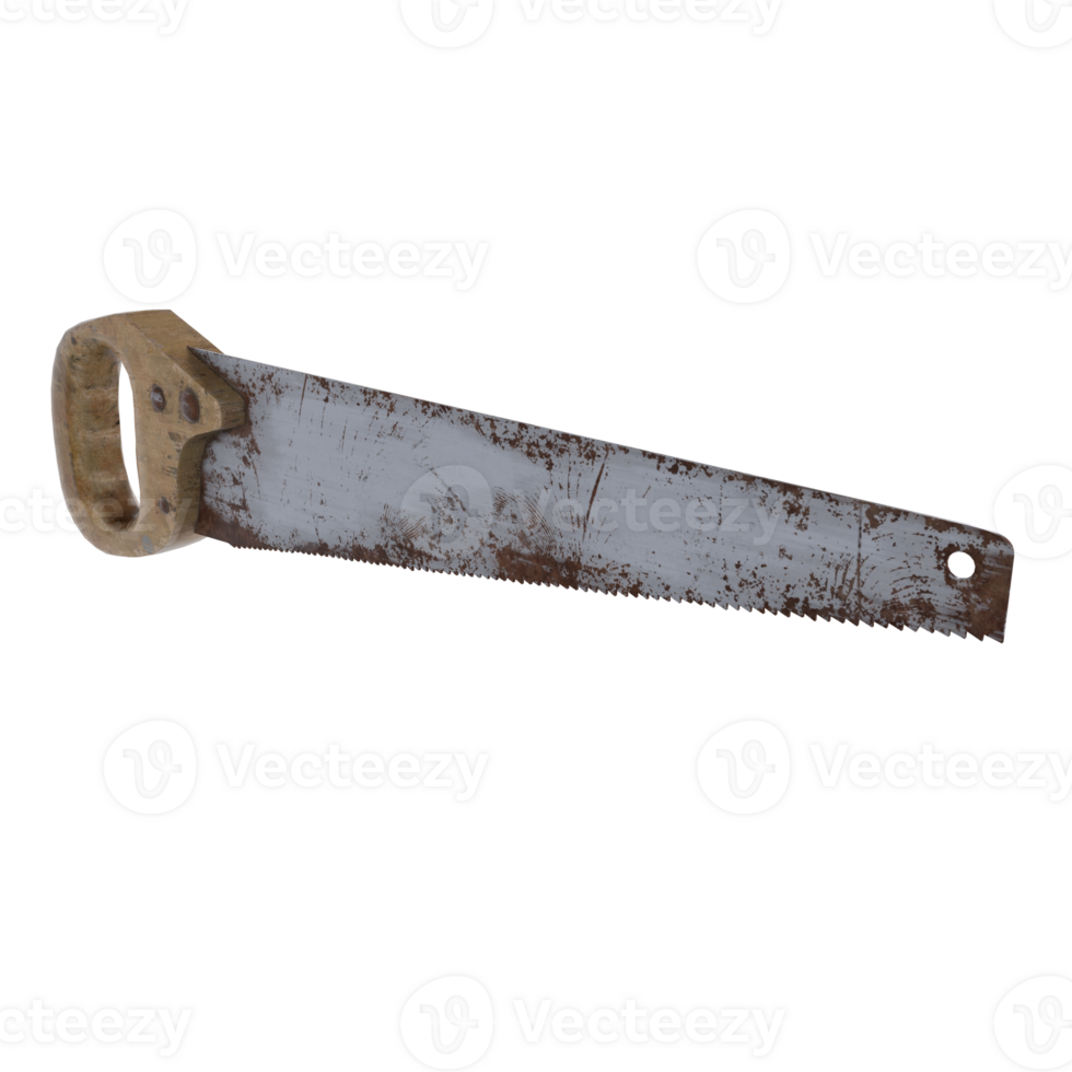Old hand saw with a tarnished blade resting on a clean surface png
