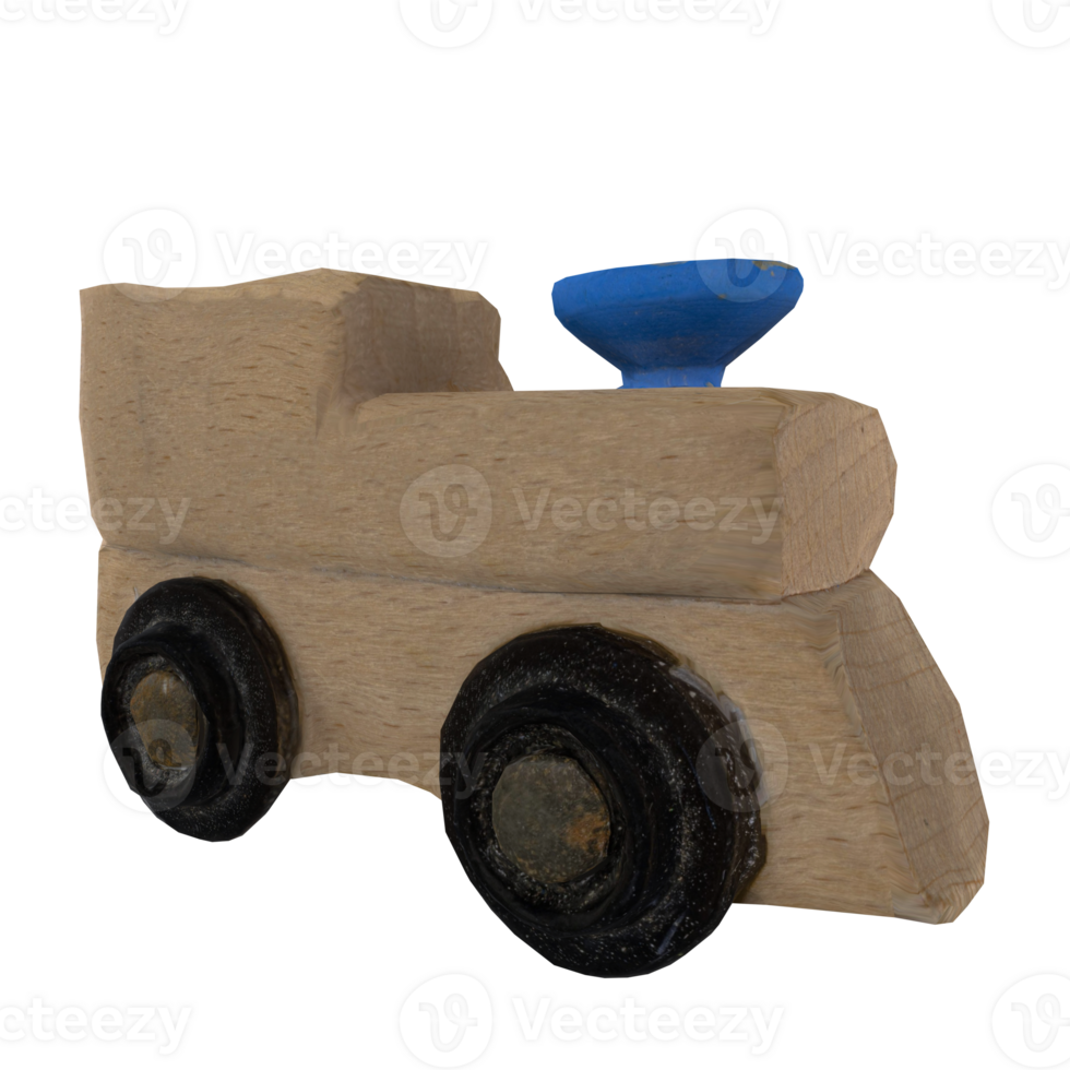 Wooden toy train with blue whistle designed for children's playtime png