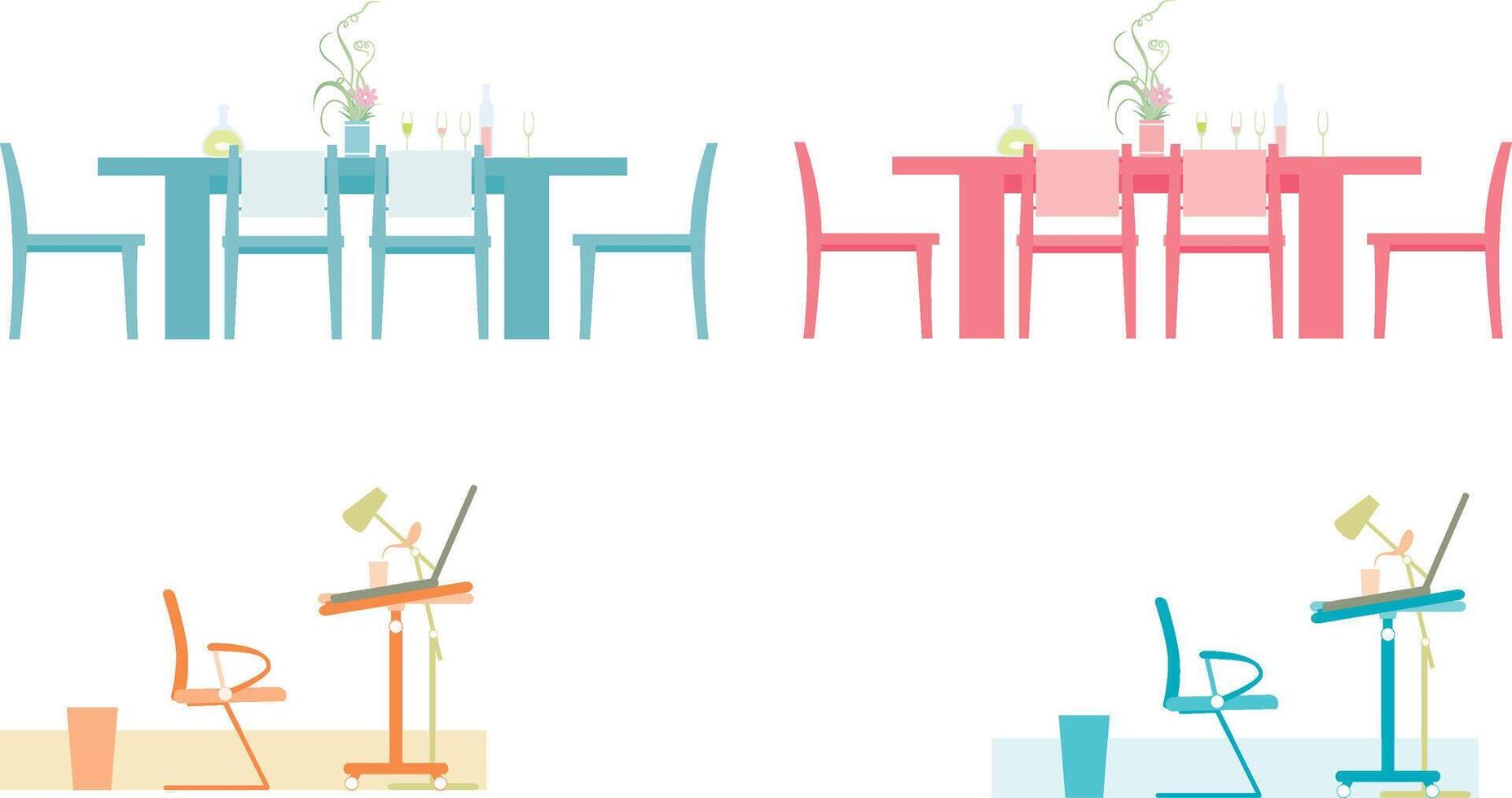 a set of four chairs and a table with a chair Floral-Decorated Dining Table with Chairs Home Office Desk Drawing vector