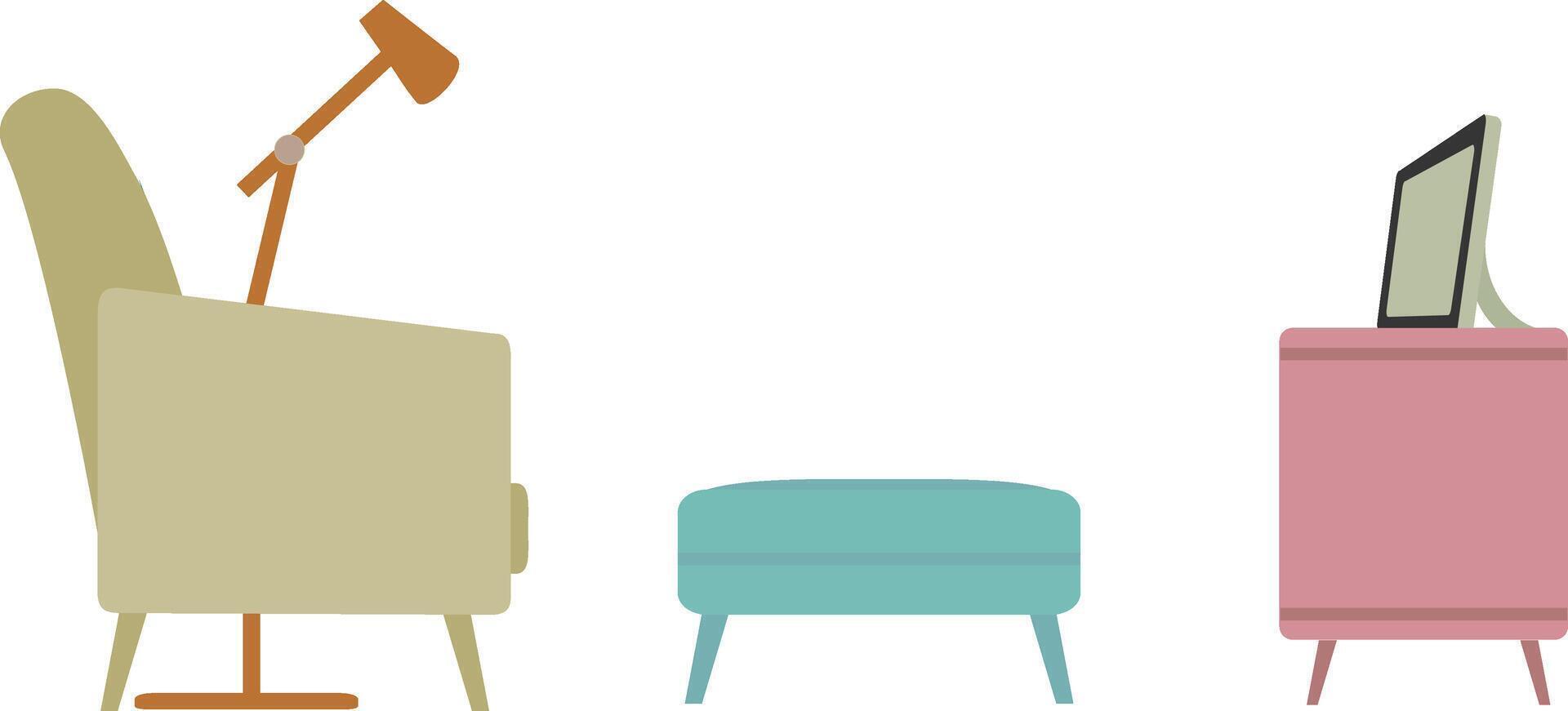 a chair, ottoman and lamp are shown in a flat design vector