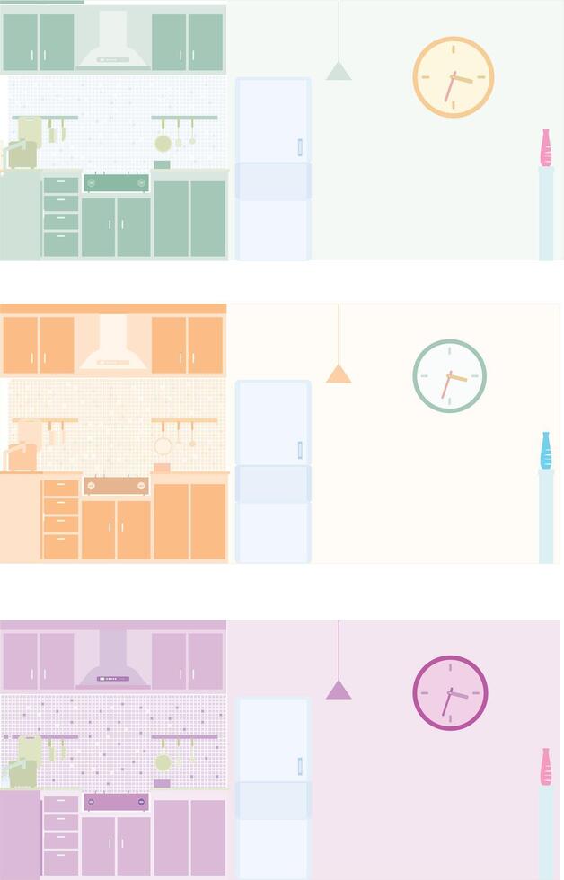 a set of four different colored kitchen cabinets vector