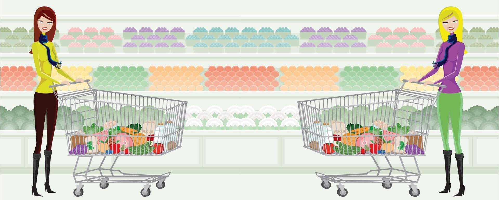 two women are pushing shopping carts with food in them vector
