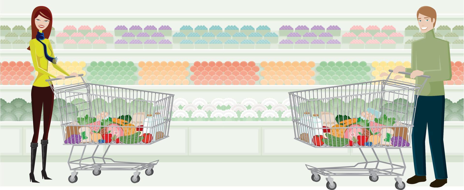 a man and woman are shopping in a supermarket vector
