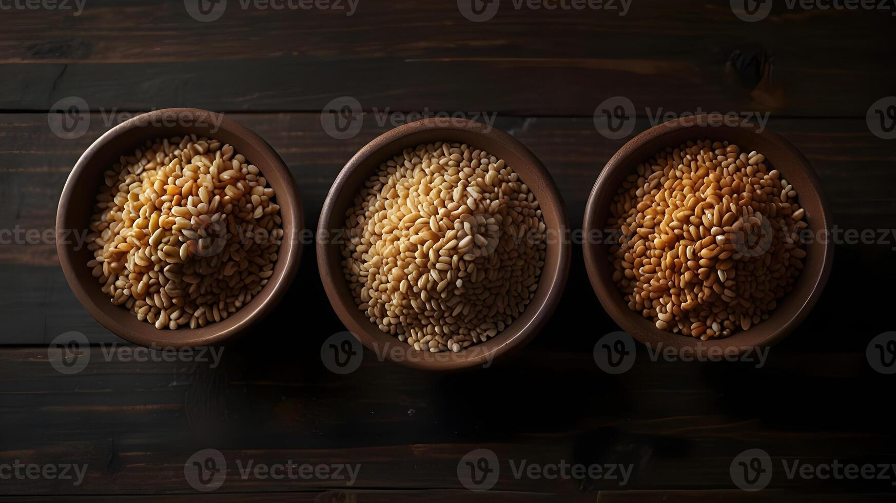 Rustic Ceramic Bowls with Ancient Grains Like Quinoa, Farro, and Amaranth on Dark Wooden Table photo