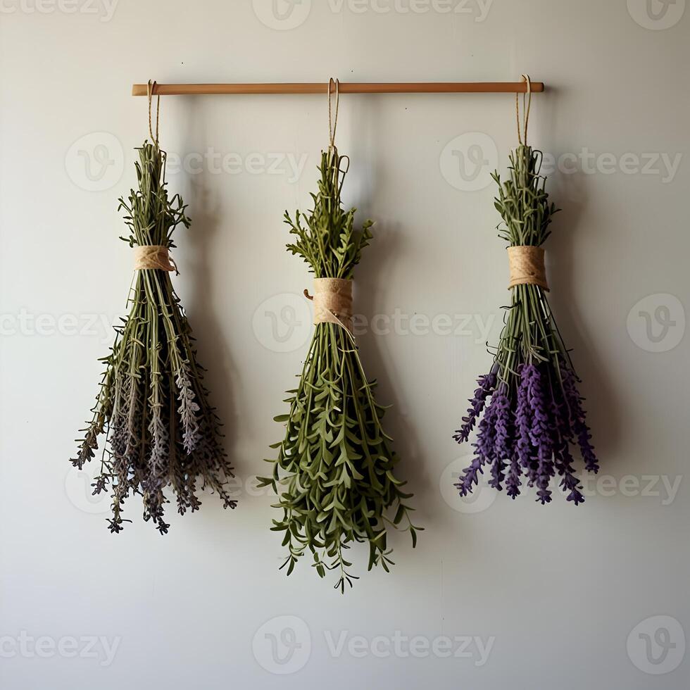 Minimalist Herb Drying Rack with Bundles of Fresh Sage, Thyme, and Lavender in Natural Light photo