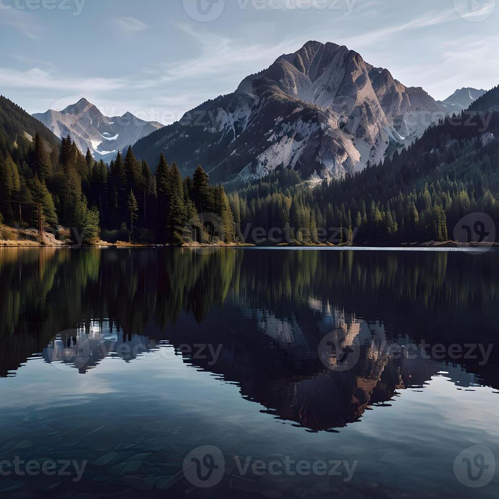 Mirror-Like Reflections on a Calm Lake with Mountain Backdrop photo