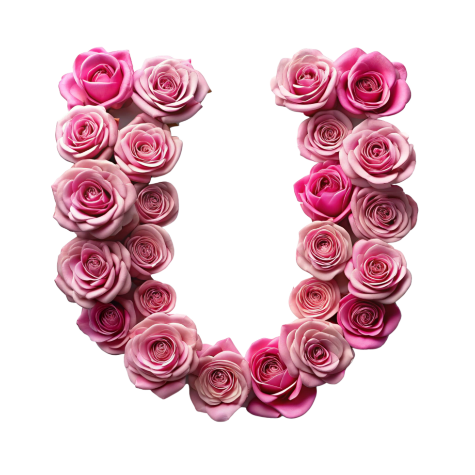 3d pink rose in the shape of alphabet U is isolated on transparent background png
