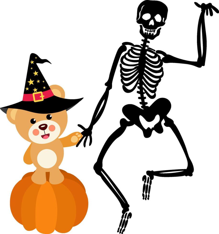 Halloween teddy bear on top of pumpkin with skeleton vector