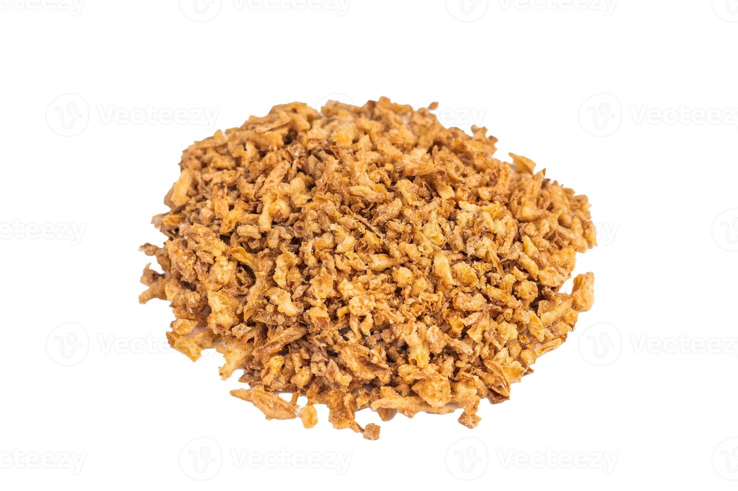 Crispy Fried dried Onion Bits isolated on white background. top view photo