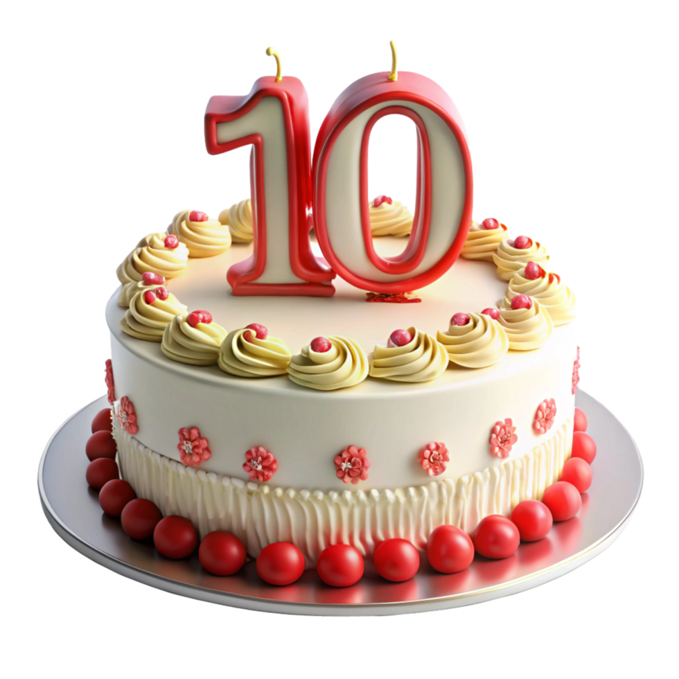 birthday celebration cake and written ten on the cake is isolated on transparent background png