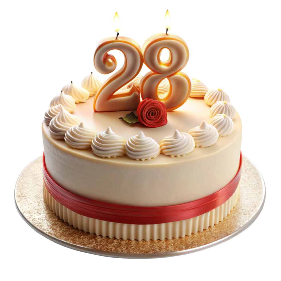 birthday celebration cake and written twenty eight on the cake is isolated on transparent background png