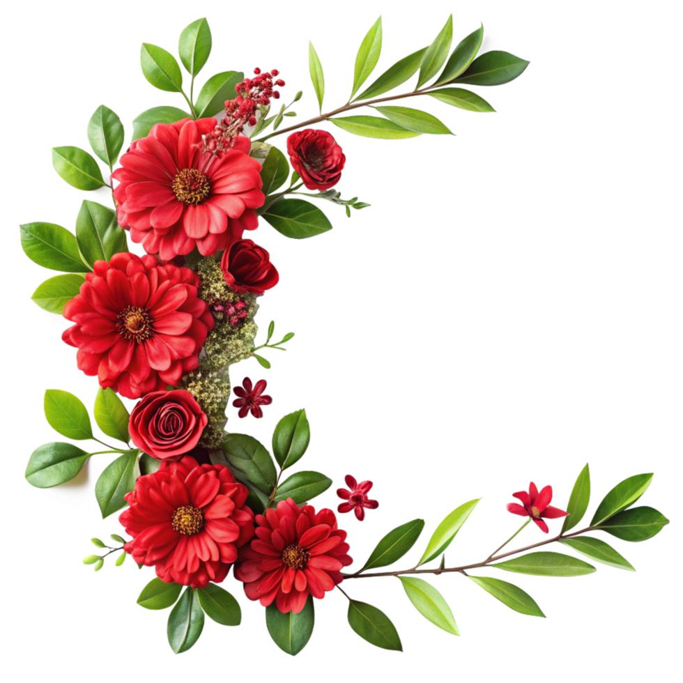 red flower and leaves corner frame is isolated on transparent background png