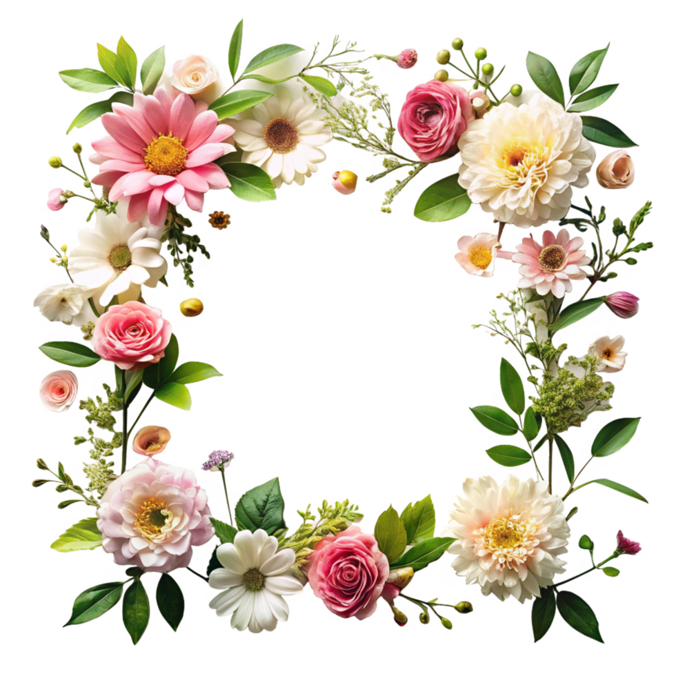 beautiful flower and leaves corner frame is isolated on transparent background png