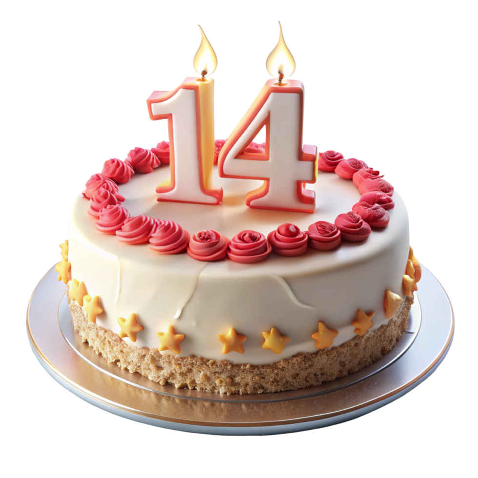 birthday celebration cake and written fourteen on the cake is isolated on transparent background png