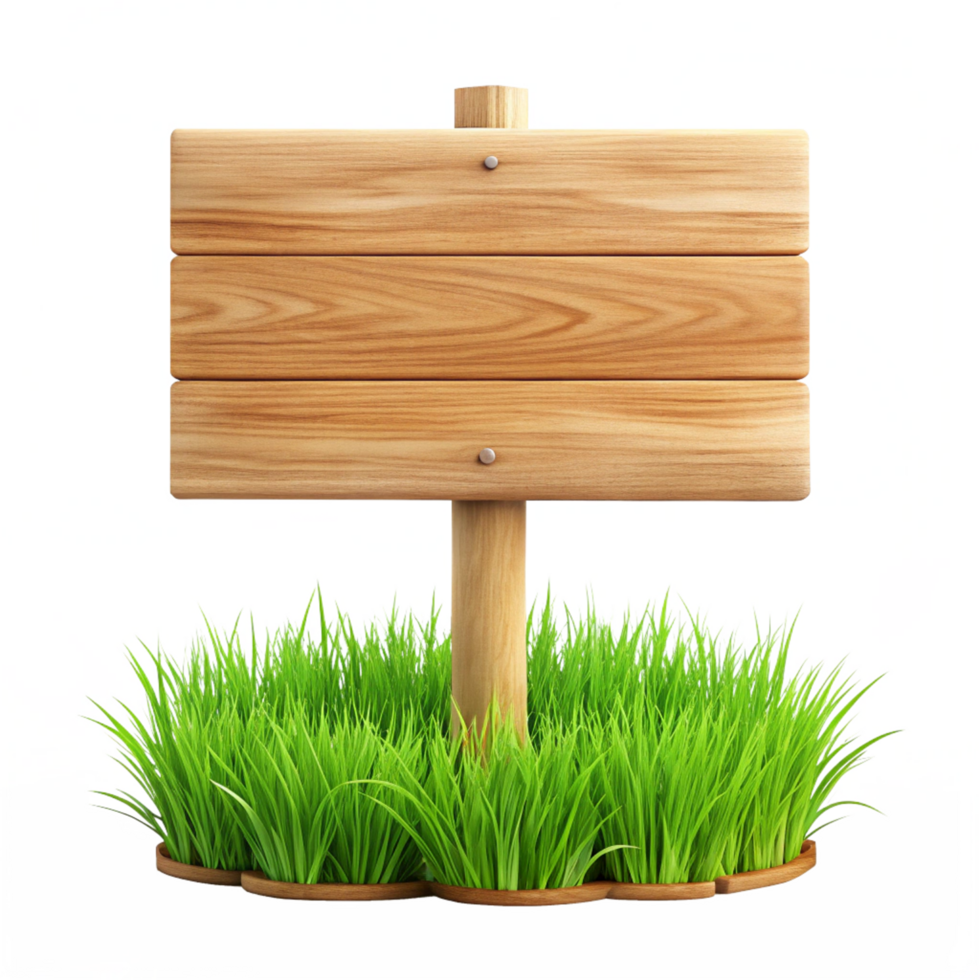 3d cartoon wooden blank sign board with grass is isolated on transparent background png