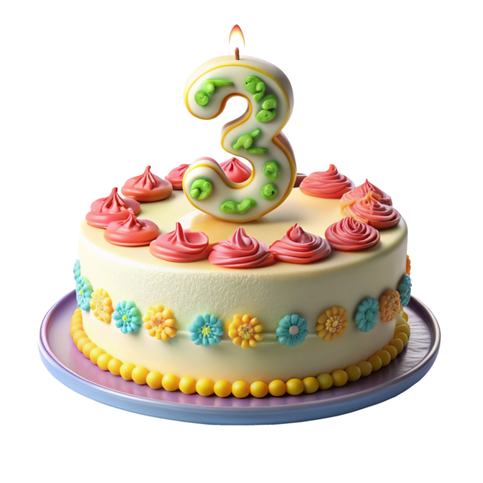 beautiful birthday celebration cake and written three on the cake is isolated on transparent background png