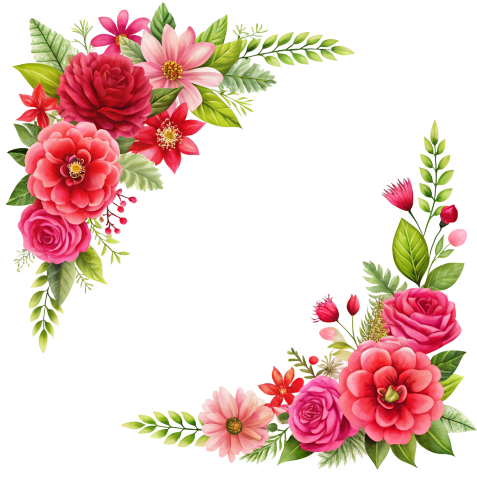 red and pink flower and leaves corner floral frame is isolated on transparent background png