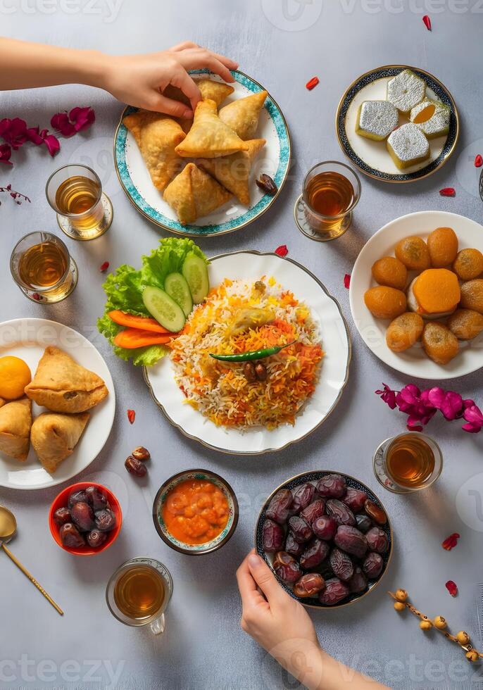 Happy Ramadan Mubarak with Ramadan Iftar Dinner Sharing Blessings with Traditional Dishes Iftar Dishes photo