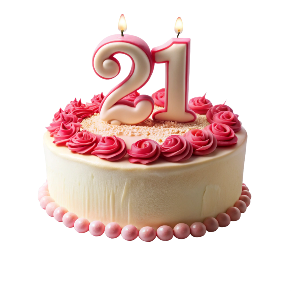 birthday celebration cake and written twenty one on the cake is isolated on transparent background png