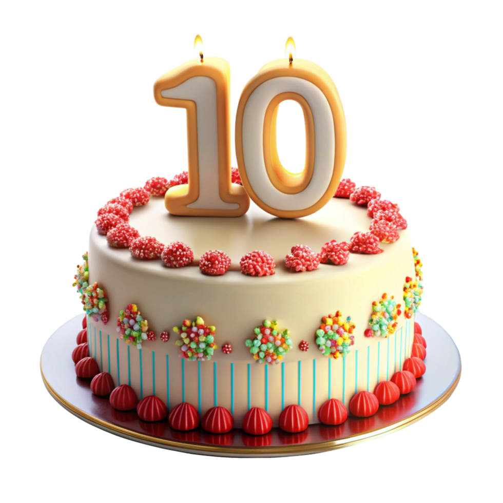 beautiful birthday celebration cake and written ten on the cake is isolated on transparent background png