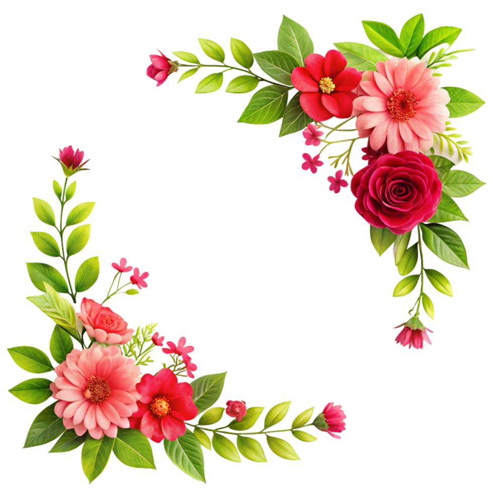red and pink flower and leaves corner frame is isolated on transparent background png